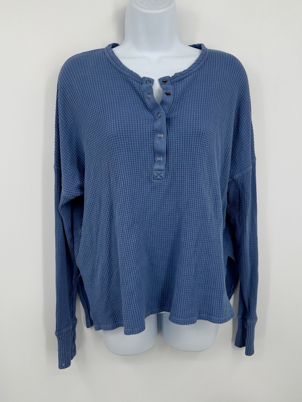 Aerie Offline Blue Waffle Knit Henley Thermal Long Sleeve Shirt Size Small Boho